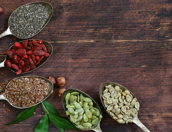 Healthy Eating Ingredients Super Food Chia Flax Seeds Goji Berries — Stock Photo, Image