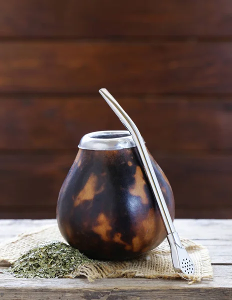 Traditional yerba mate tea in calabash mug and bombilla