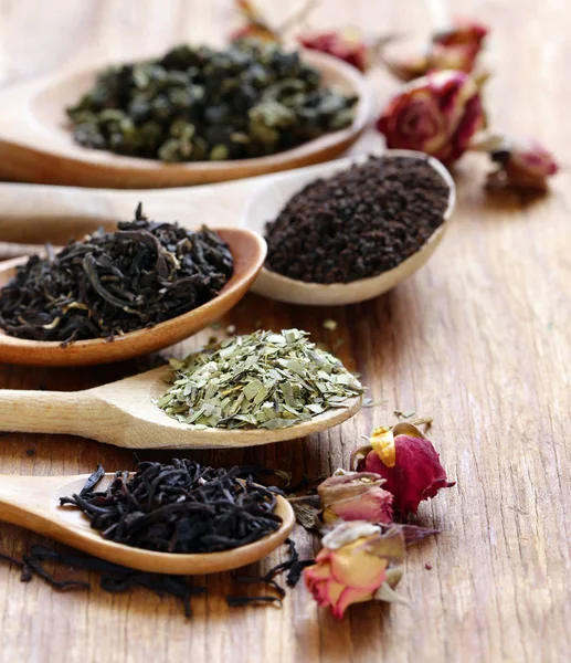 Various Types Tea Wooden Spoon — Stock Photo, Image