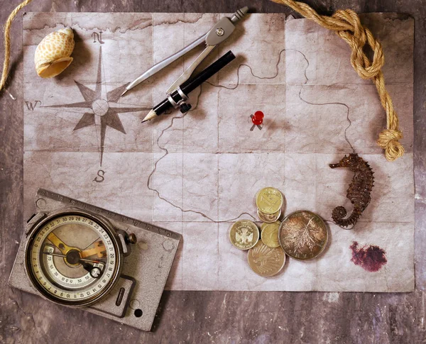 Vintage map and accessories for the treasure hunt and travel