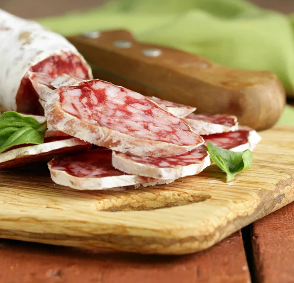 Delicacy Smoked Sausage Salami Wooden Board — Stock Photo, Image