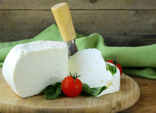 Salted Milk Cheese Feta Cheese Wooden Plate — Stock Photo, Image