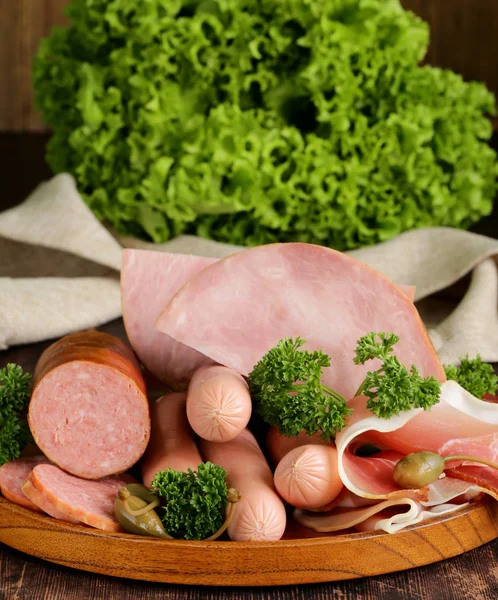 Various Kinds Sausages Smoked Bacon Wooden Plate Royalty Free Stock Photos