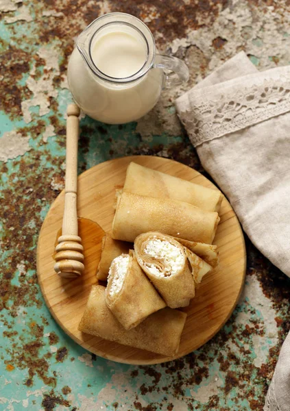 Panquecas Caseiras Com Queijo Cottage Para Café Manhã — Fotografia de Stock