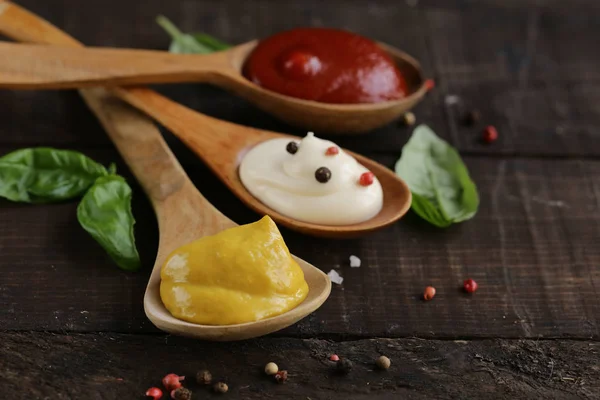 Tre Varianti Ketchup Senape Salsa Maionese — Foto Stock