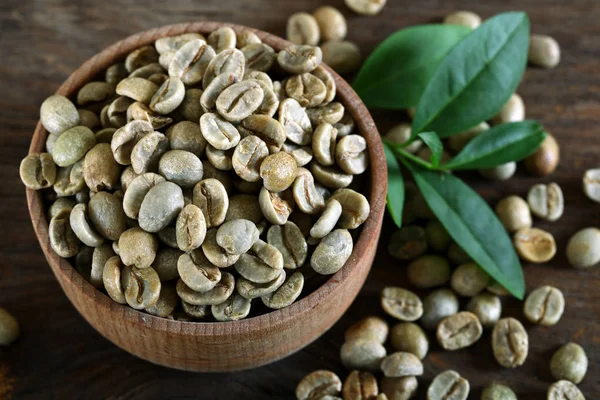 Chicchi Caffè Verde Sfondo Legno — Foto Stock