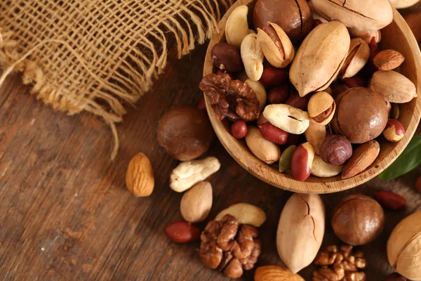 Organic Mix Nuts Wooden Table — Stock Photo, Image