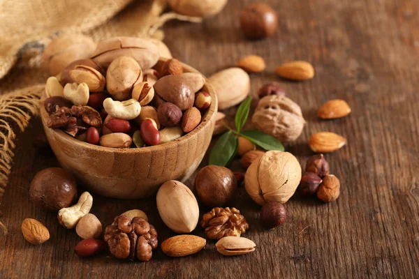 Organic Mix Nuts Wooden Table — Stock Photo, Image