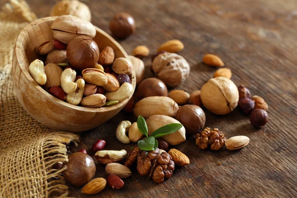 Organic Mix Nuts Wooden Table — Stock Photo, Image