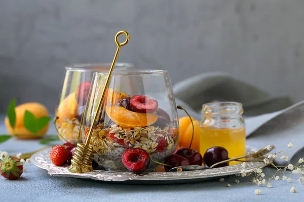 Healthy Breakfast Chia Pudding Berries Honey — Stock Photo, Image