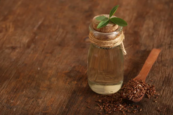 Aceite Linaza Orgánico Natural Una Mesa Madera — Foto de Stock