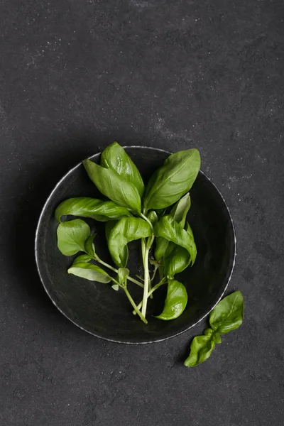 siyah gıda arka plan üzerinde bir tabakta kokulu fesleğen otlar