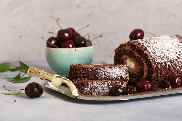 Chocolate Dessert Roll Vanilla Cream Sweet Cherry — Stock Photo, Image