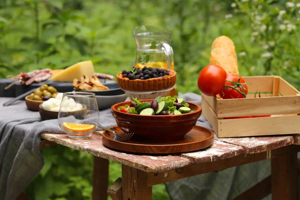 Picnic Naturaleza Tartas Ensaladas Bayas Frescas Frutas — Foto de Stock