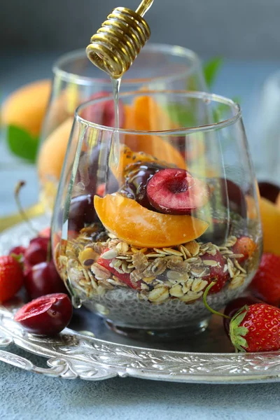 Healthy Breakfast Chia Pudding Berries Honey — Stock Photo, Image