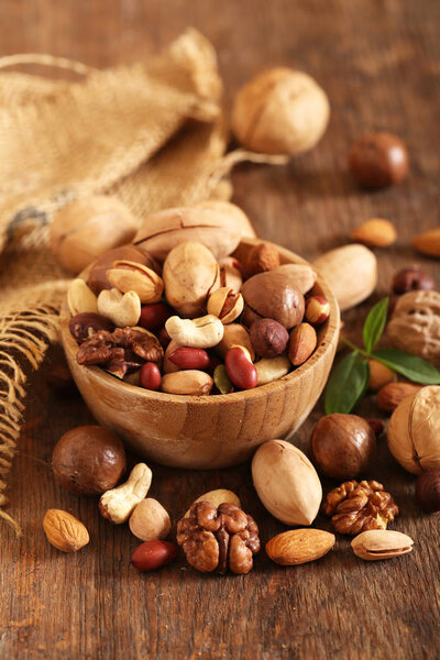 organic mix nuts on a wooden table