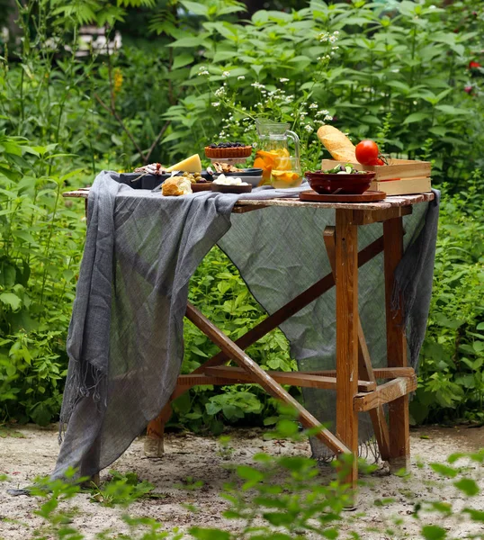 Piknik Természetben Torták Saláták Friss Bogyók Gyümölcsök — Stock Fotó