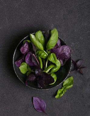 siyah gıda arka plan üzerinde bir tabakta kokulu fesleğen otlar