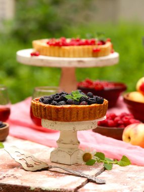 doğada piknik, börek ve salata, taze çilek ve meyve
