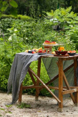 doğada piknik, börek ve salata, taze çilek ve meyve