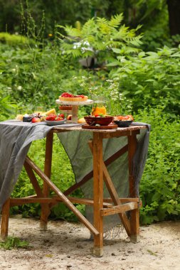 doğada piknik, börek ve salata, taze çilek ve meyve