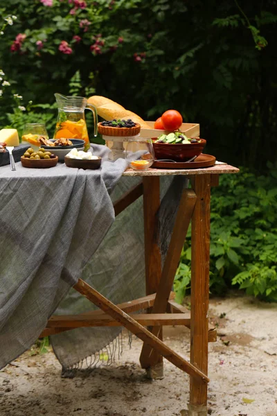 Piknik Természetben Torták Saláták Friss Bogyók Gyümölcsök — Stock Fotó