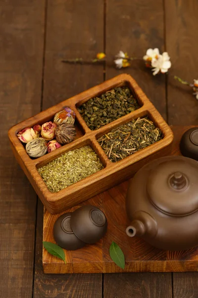 Auswahl Grünem Tee Auf Holzgrund — Stockfoto