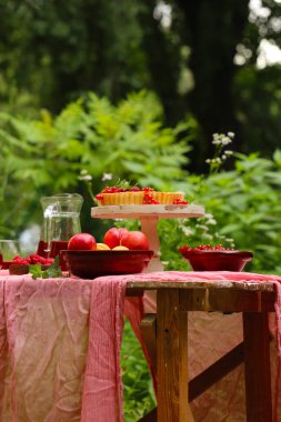 doğada piknik, börek ve salata, taze çilek ve meyve