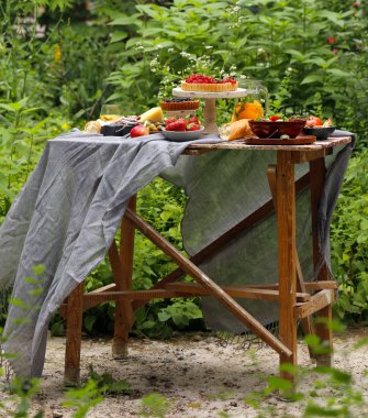 doğada piknik, börek ve salata, taze çilek ve meyve