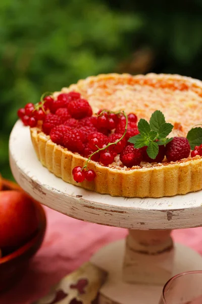 Piknik Přírodě Koláči Saláty Čerstvé Bobule Ovoce — Stock fotografie