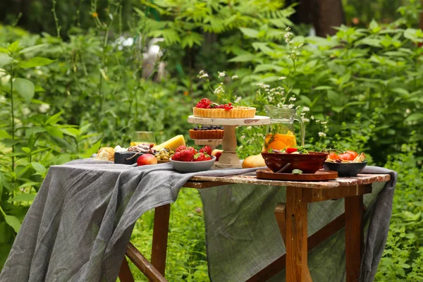 Picnic Naturaleza Tartas Ensaladas Bayas Frescas Frutas — Foto de Stock