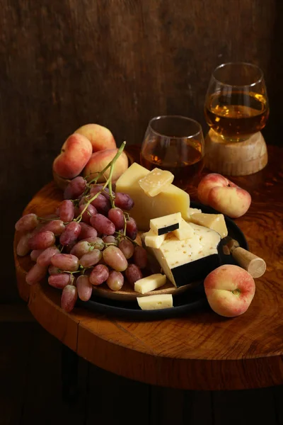 Cheese Grapes Wine Wooden Table Rustic Style — Stock Photo, Image