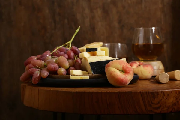 Cheese Grapes Wine Wooden Table Rustic Style — Stock Photo, Image