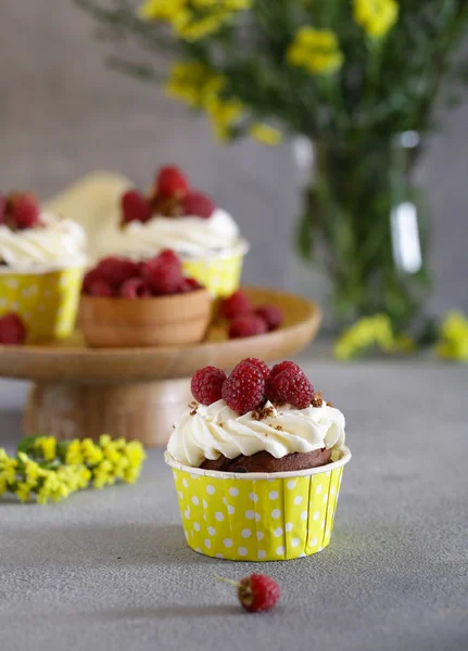 デザートにラズベリーのクリームカップケーキ — ストック写真