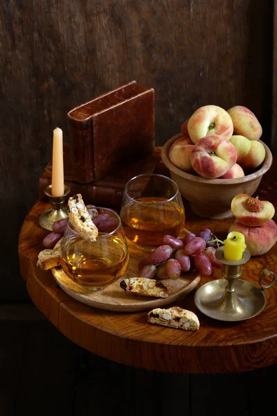 Dessert White Wine Biscotti Wooden Table — Stock Photo, Image