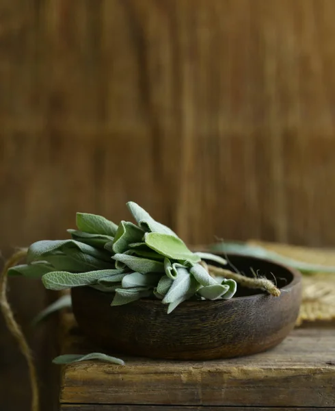 Fresh Organic Green Sage Wooden Table — Stock Photo, Image