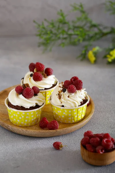 Cupcake Alla Panna Con Lamponi Dessert — Foto Stock