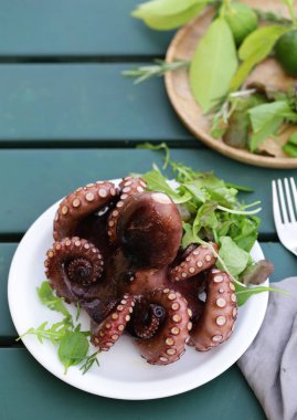 Bitki ve şaraplı taze ahtapot.