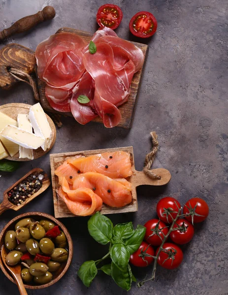 Assorted Ham Salmon Salami Sausage Antipasti Appetizer — Stock Photo, Image