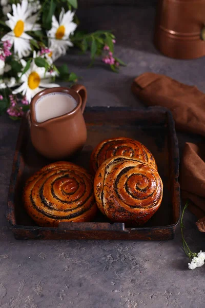 Zoete Broodjes Maanzaad Broodjes Met Melk — Stockfoto