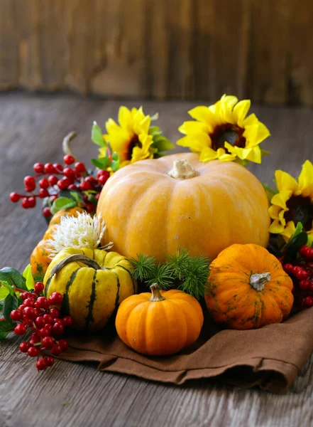 Dekorasyon için taze balkabaklarıyla sonbahar durgun hayatı