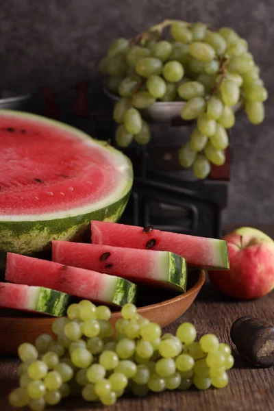 Autumn Harvest Fruit Watermelon Grapes Apples — Stock Photo, Image