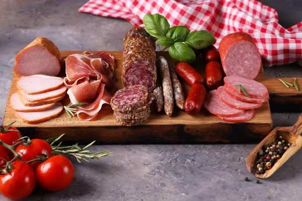 Sausage Ham Assortment Wooden Board — Stock Photo, Image