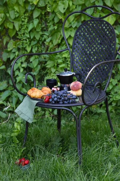 Frukost Picknick Med Croissanter Och Frukt Grönt Gräs — Stockfoto