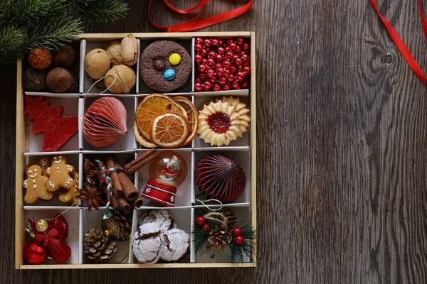 Noël Fond Cookies Décorations Pour Les Vacances Les Cadeaux — Photo