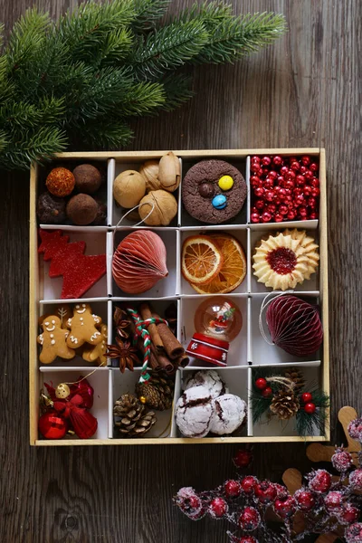 Vánoční Pozadí Cookies Dekorace Pro Dovolenou Dárky — Stock fotografie