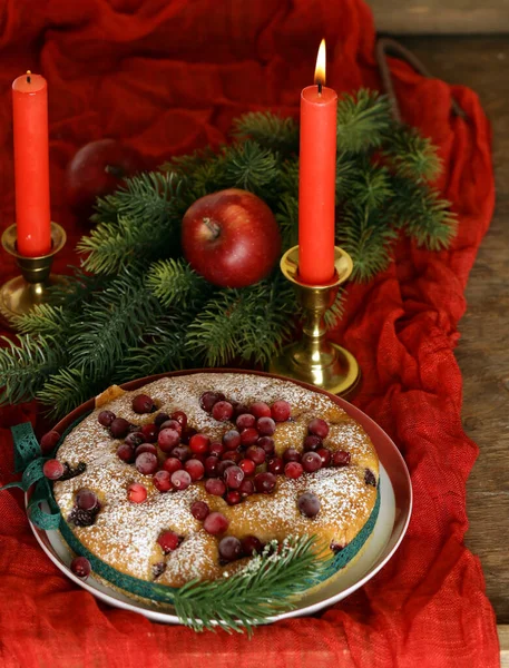 Christmas Pie Cranberries Candles Table — Stock Photo, Image