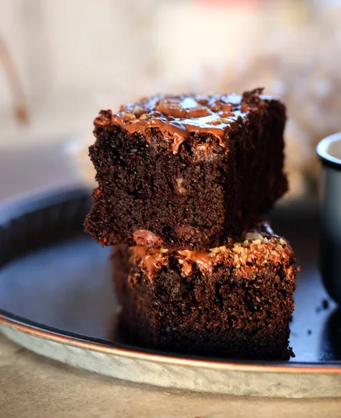 Schokoladenkuchen Brownies Und Kaffee — Stockfoto