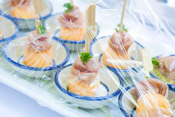 Canape Decoration Foods Wrapped Plastic Wrap Prepared Wedding — Stock Photo, Image