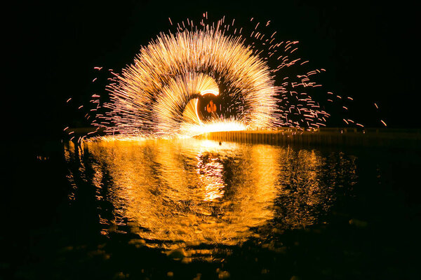 Fire show amazing at night in wedding party.